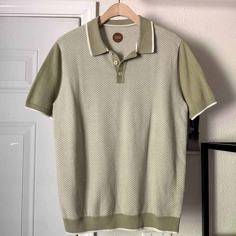 COMMON PEOPLE sage green cotton‎ chevron herringbone polo shirt